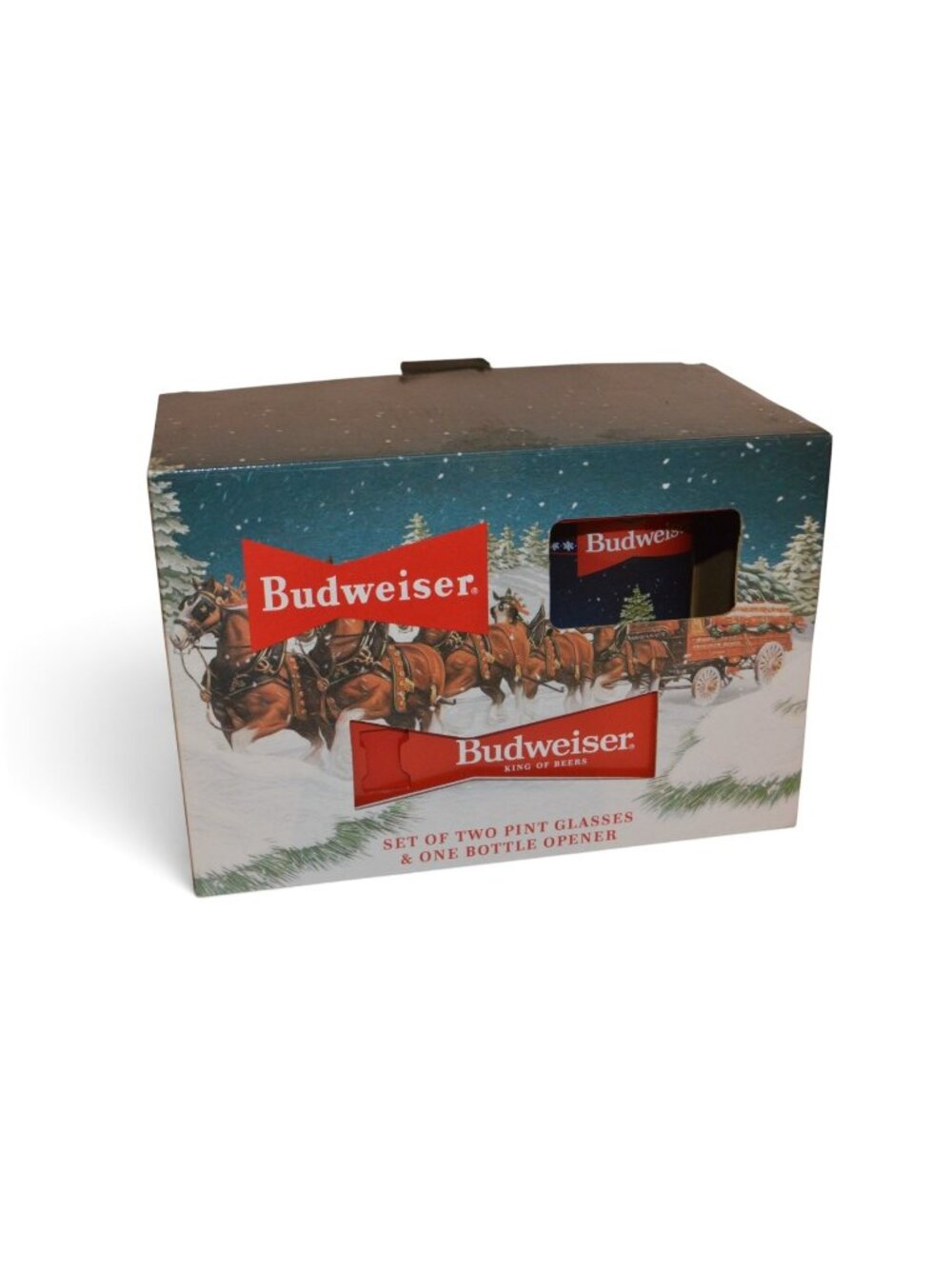Budweiser Set 2 Pint Glasses Christmas and Bottle Opener, Limited Edition NIB